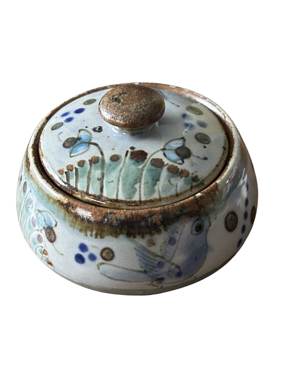 Vintage Ken Edwards Small Covered Dish Stoneware Bird Motif Ceramic Sugar Bowl